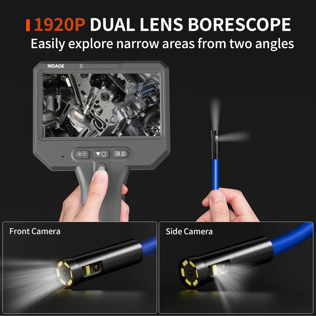 NIDAGE Dual Lens Borescope Inspection Camera - 1920P HD Endoscope with 4.3" Screen & 11.5FT Cable