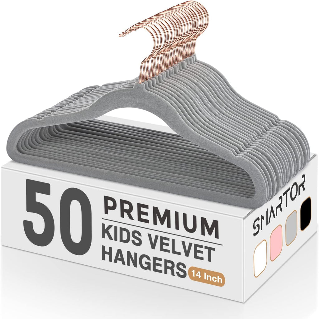 Smartor Kids Velvet Hangers - 50 Pack Premium Non-Slip Felt Hangers for Toddler Clothes | 14 Inch Grey with Rose Gold Hook