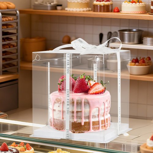 CHENZEM 8Pcs Tall Cake Boxes Clear Box with Ribbon, 8x8x9 inch, for 6" cajas para pasteles Tiered Cakes,Transport Gift Boxes for Wedding Valentine'Day and Gift Display. (Clear, 8 * 8 * 9 inch/8pcs)