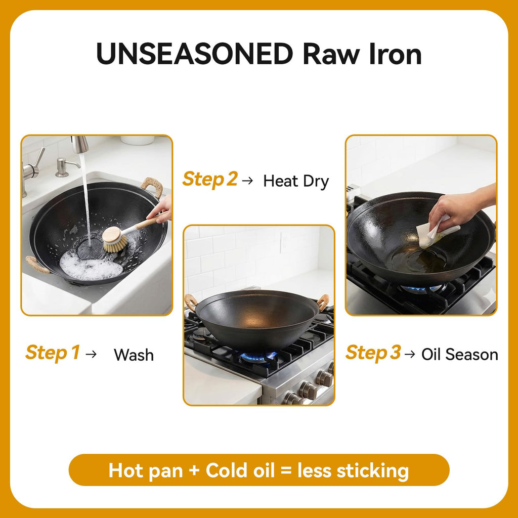 WANGYUANJI Cast Iron Wok Pan 14.9 inch Large SUGUO Wok Stir Fry Pan Flat Bottom with Dual Handle and Wooden Lid, Suitable for All Cooktops, Uncoated Chinese Traditional Wok