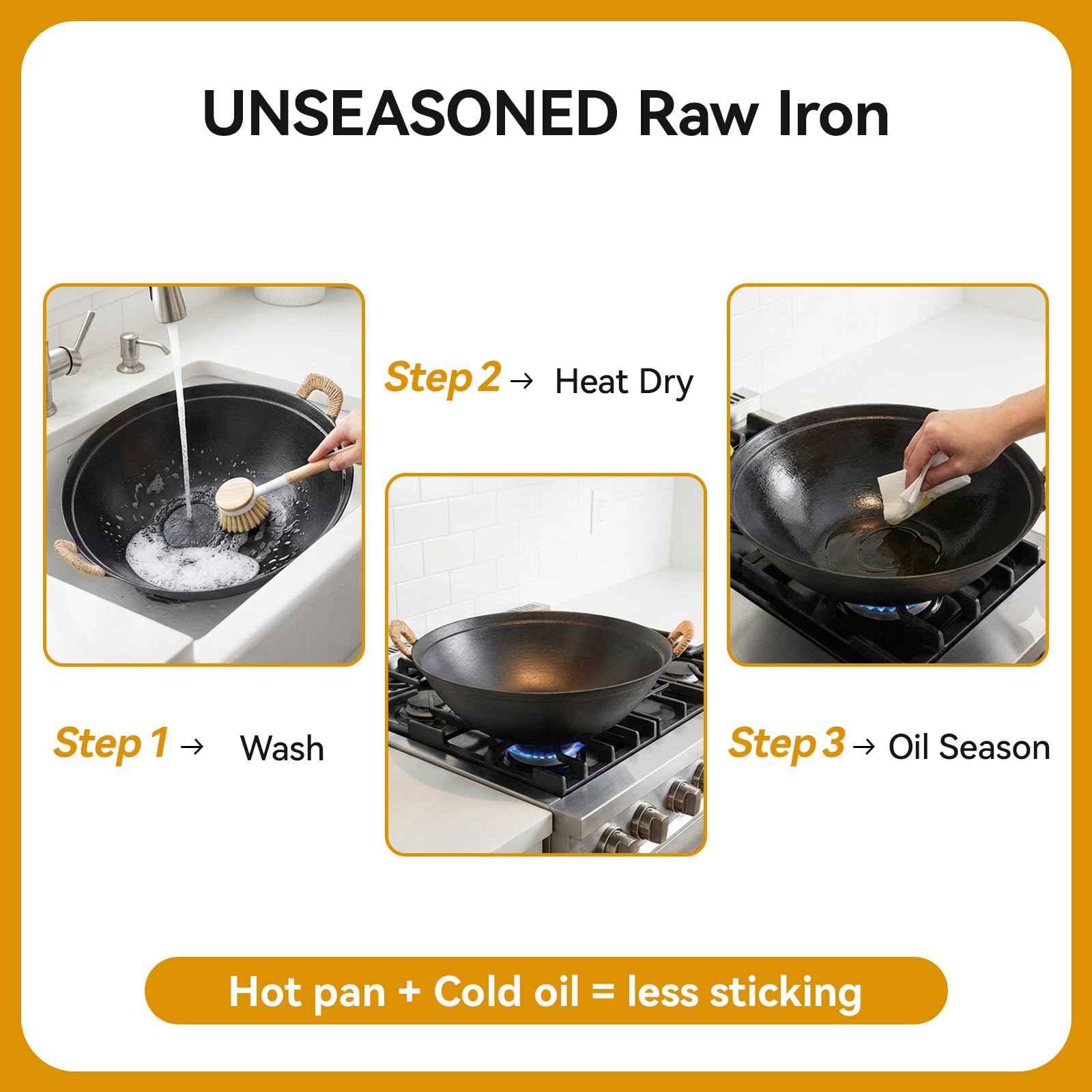 WANGYUANJI Cast Iron Wok Pan 14.9 inch Large SUGUO Wok Stir Fry Pan Flat Bottom with Dual Handle and Wooden Lid, Suitable for All Cooktops, Uncoated Chinese Traditional Wok