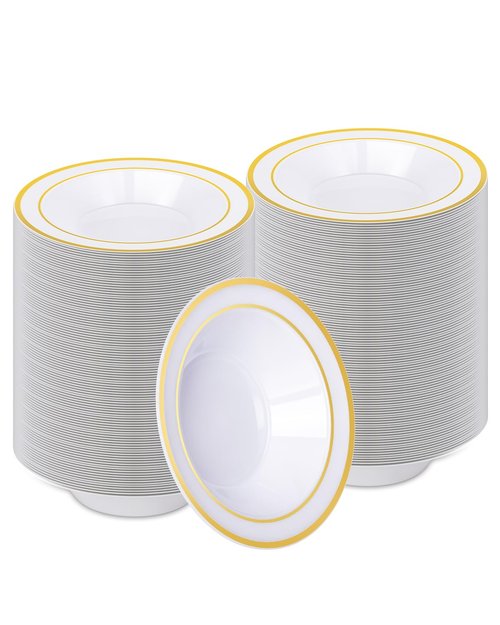 BESTVIP 200 Pack Plastic Bowls with Gold Rim, 12 Oz Disposable Bowls Disposable Bowls for Parties, Wedding, Christmas, Soak Proof Bowls for Breakfast, Lunch, and Dinner Meals