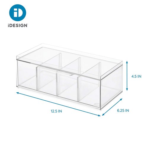 iDesign XL Tea Bag Organizer for Counter, 4-Section Clear Stackable Tea Storage Drawer for Cabinet