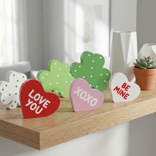 BIBIFLY Valentines St Patricks Day Decorations 6PCS Wooden Heart & Shamrock Block Tiered Tray Decor, Freestanding Wood Table Centerpieces Sign Decoration for Home Shelf, Office Desk, Mantle, Tabletop
