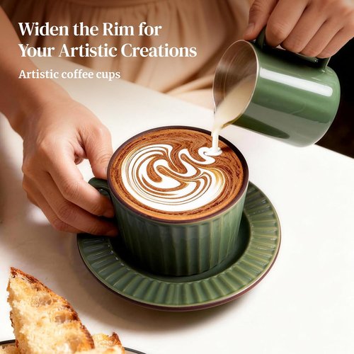 DOWAN Cappuccino Cup Set - 8 OZ Ceramic Coffee Mugs with Saucers | Elegant Ribbed Design for Home & Café