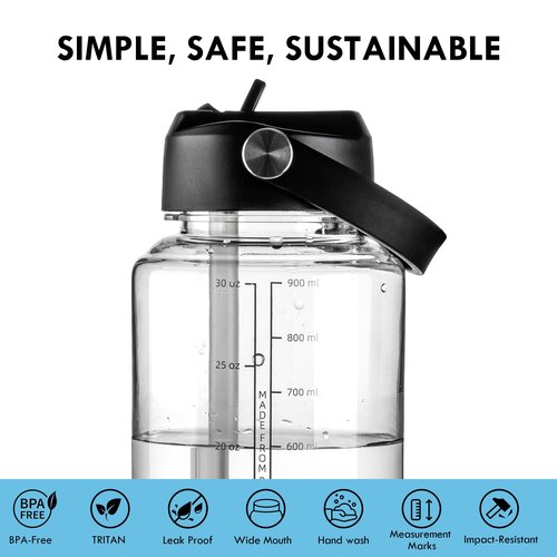 OLDLEY 32 oz Clear Water Bottle with Straw,Tritan BPA-Free, Wide Mouth, Leak Proof - for Gym, Travel, Home, School, Office (Clear)