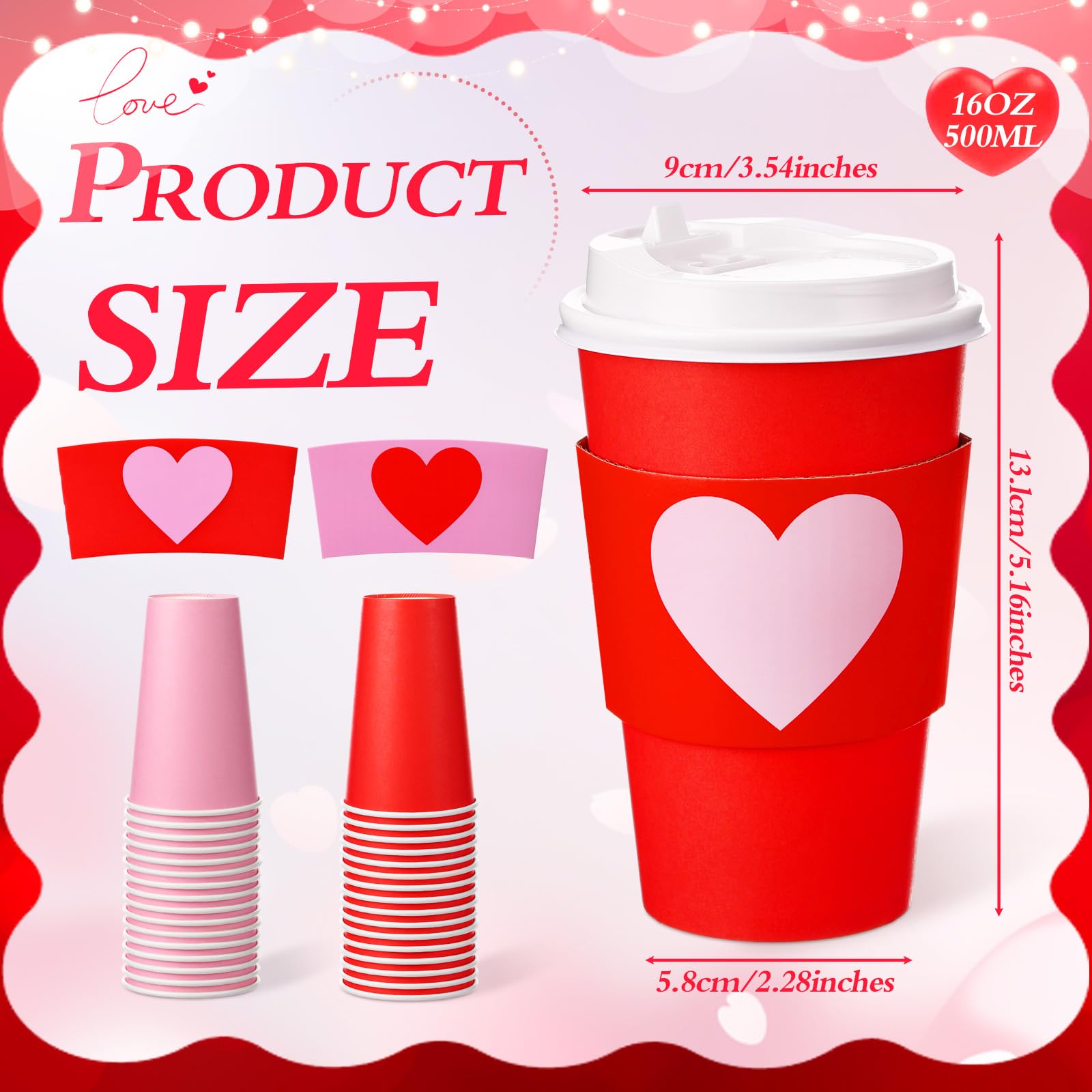 Sunnychicc 24 Set Valentine's Day Disposable Coffee Cups with Lids and Sleeves 16oz Red Pink Paper Cups Beverage Drinking Cup Heart Shaped Sleeves for Anniversary Wedding Bridal Shower Party Supplies