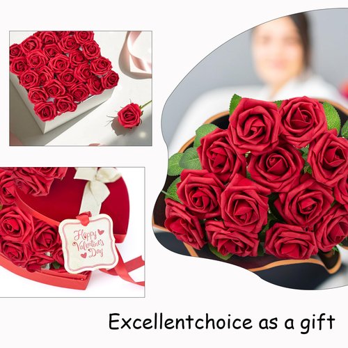NONMON 100pcs Artificial Flowers Dark Red Rose Real Looking Fake Foam Roses with Stem for Valentine's Day DIY Wedding Bouquets Bridal Shower Centerpieces Arrangements Party Home Decorations