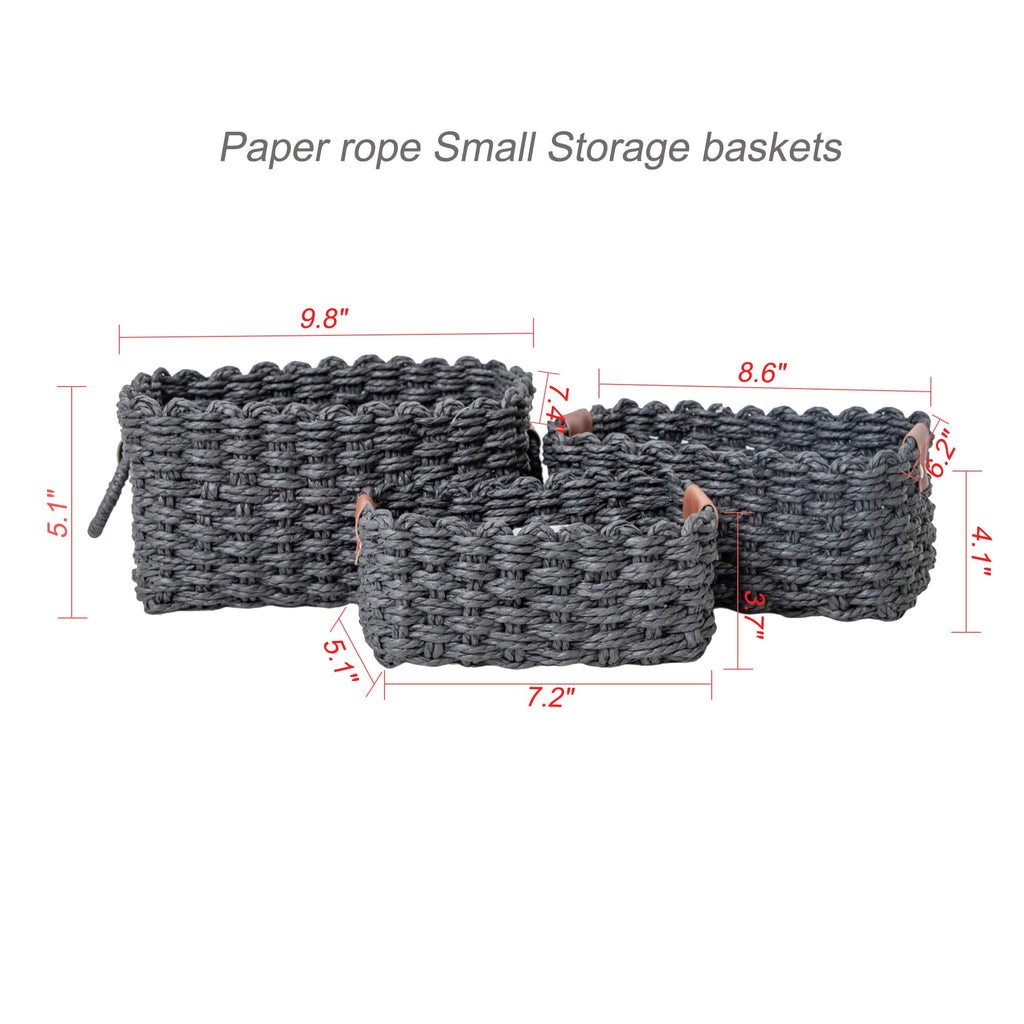QingtuHome Paper rope Small Storage baskets for Organizing,Cute woven Little basket for Home，Shelves, Bathroom,Decorative basket,Set of 3 (Black)