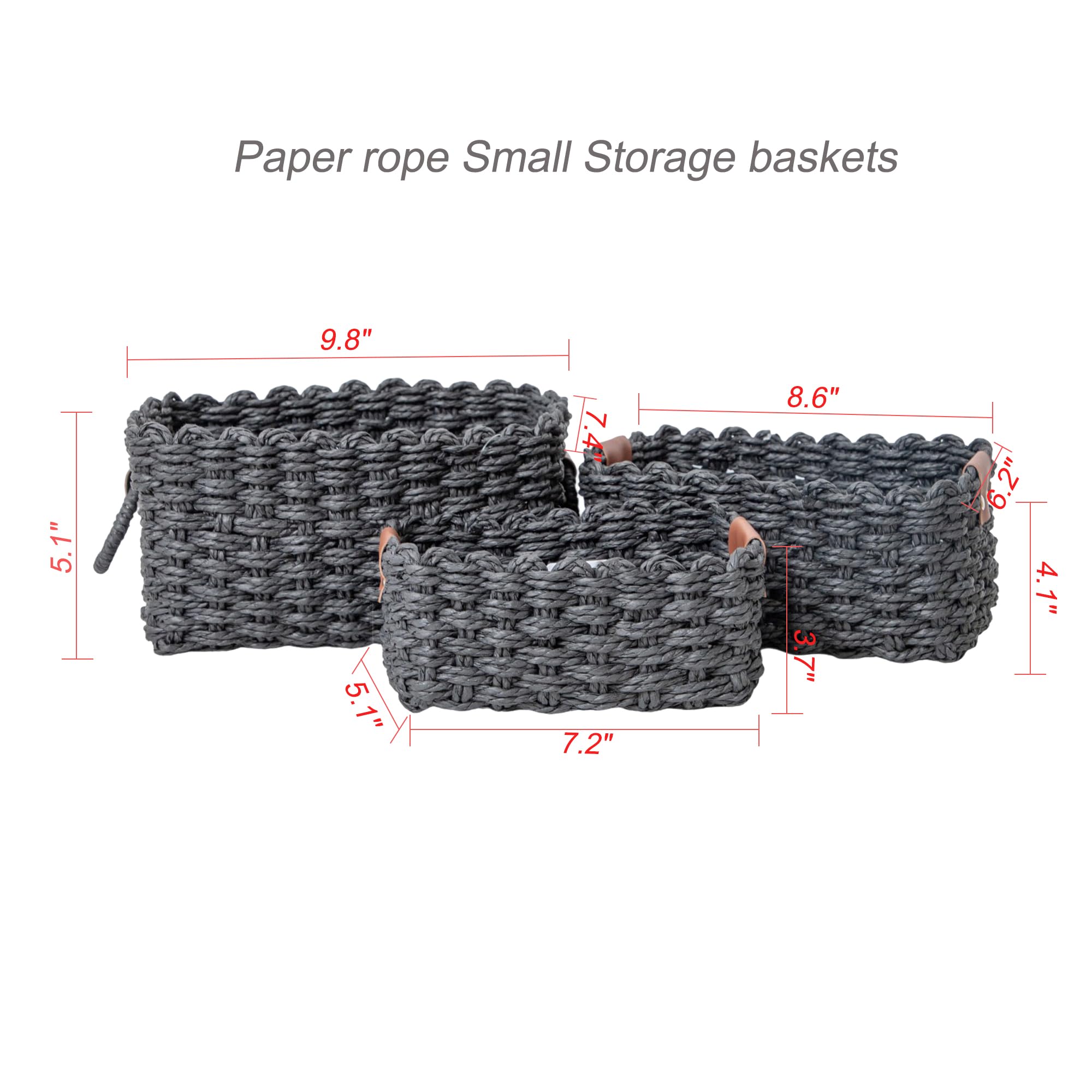 QingtuHome Paper rope Small Storage baskets for Organizing,Cute woven Little basket for Home，Shelves, Bathroom,Decorative basket,Set of 3 (Black)