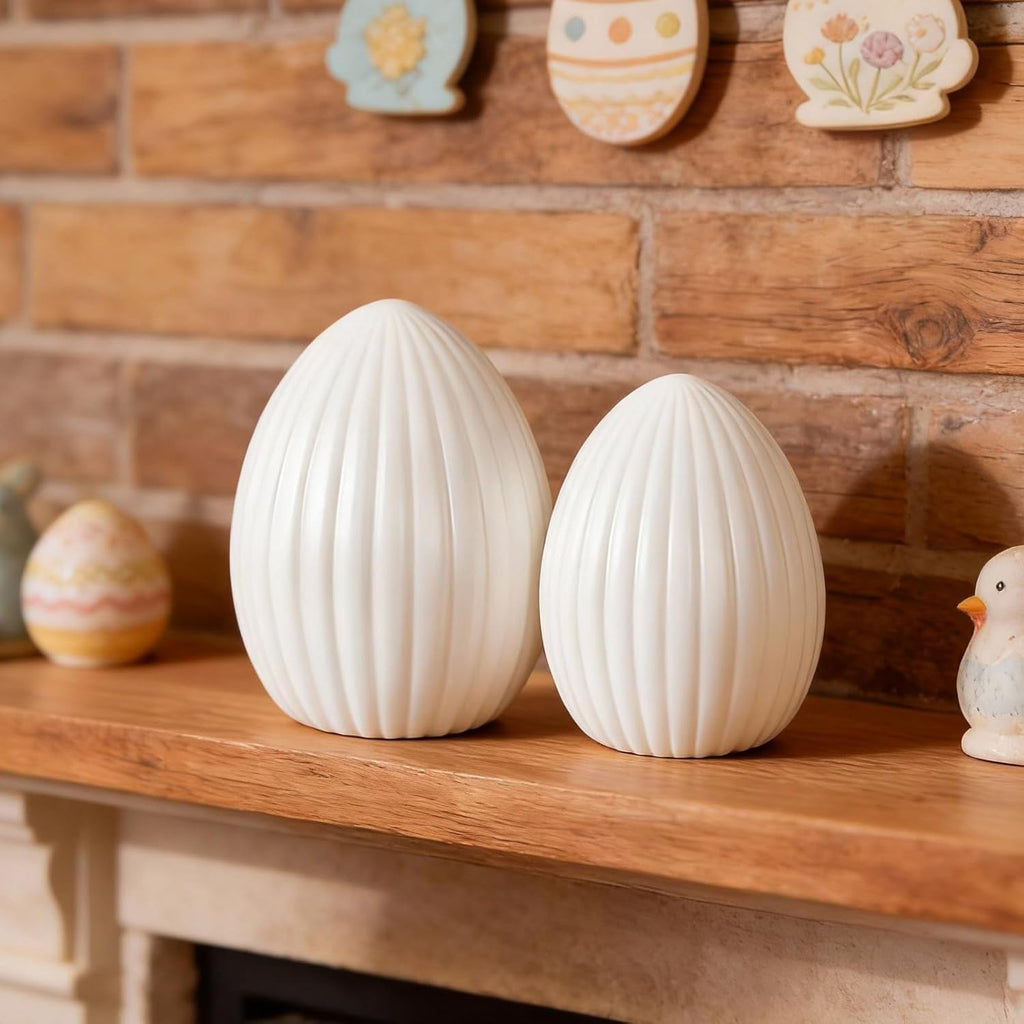 Skiennix Large Ceramic Easter Egg - White Spring Table Centerpiece for Minimalist Decor | 2 Pcs Set
