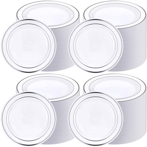 Sieral 200 Pieces Disposable Plates Plastic Party Plates with Rim Hard Plastic Appetizer Salad Dessert 7.5 Inch Elegant Heavy Duty Tableware for Dinner Wedding Party Supplies(Silver Rim)