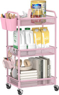 YASONIC 3-Tier Rolling Cart - Metal Utility Storage with Wheels, Craft Organizer, Pink