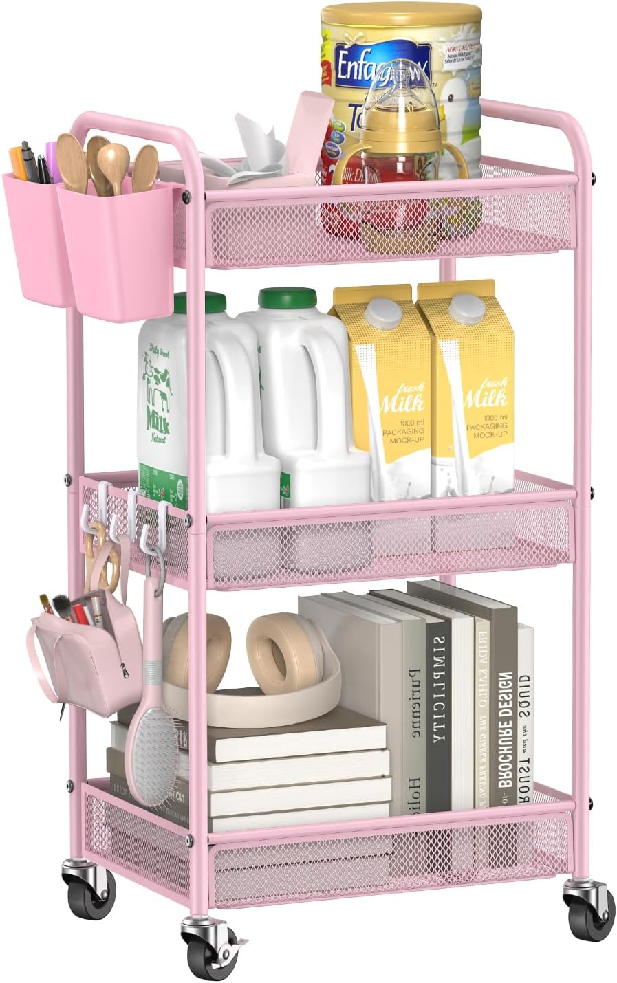 YASONIC 3-Tier Rolling Cart - Metal Utility Storage with Wheels, Craft Organizer, Pink