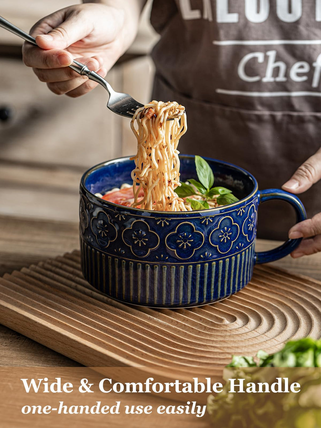 Gomakren Extra Large Soup Bowl with Handle, 39 Ounces Microwave Ramen Bowl, Ceramic Bowl with Lid for Father's Day, 6 Inch Soup Mug Cup for Cereal, Ramen, Instant Noodle, Cobalt Blue