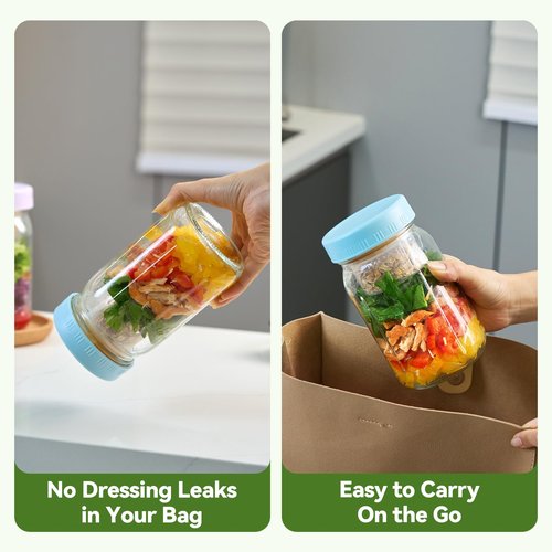 BLAZPATH 4 Pack Glass Salad Mason Jars with Dressing Cup, 32 oz Mason Jars Salad Container with Lids Meal Prep for Lunch, 2 Insert Separate Cups with Divider for Dressing and Dry Ingredients