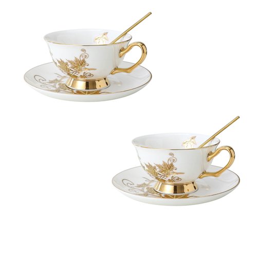 Table Fashion Essentials TFE's Tea Cup and Saucer Set - 6 Pcs Bone China with Vintage Design Gift Set - Coffee Cup and Espresso Cup Set for Any Occasion Including Formal Gatherings (Golden Vines)