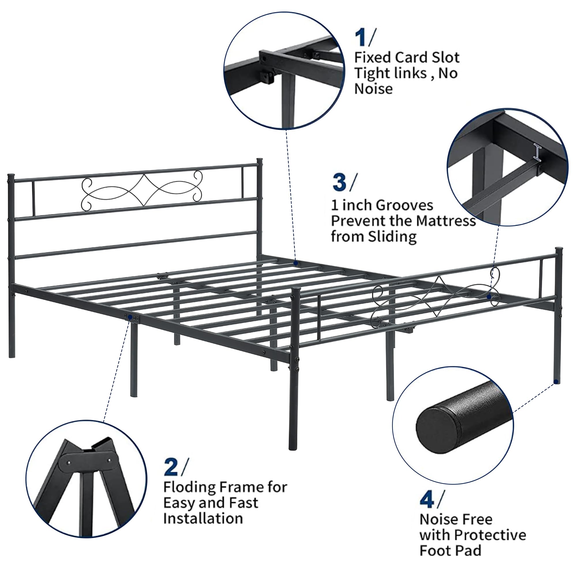 VECELO 14" Queen Size Metal Platform Bed Frame with Headboard and Charging Station,Premium Steel Slat Support No Box Spring Needed,Noise-Free Anti-Slip,Easy Assembly