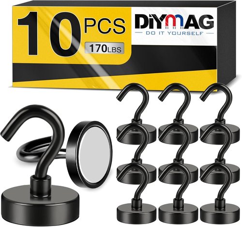 DIYMAG Magnetic Hooks - 170Lbs Heavy Duty S-Hooks for Classroom, Kitchen & Garage | 10 Pack