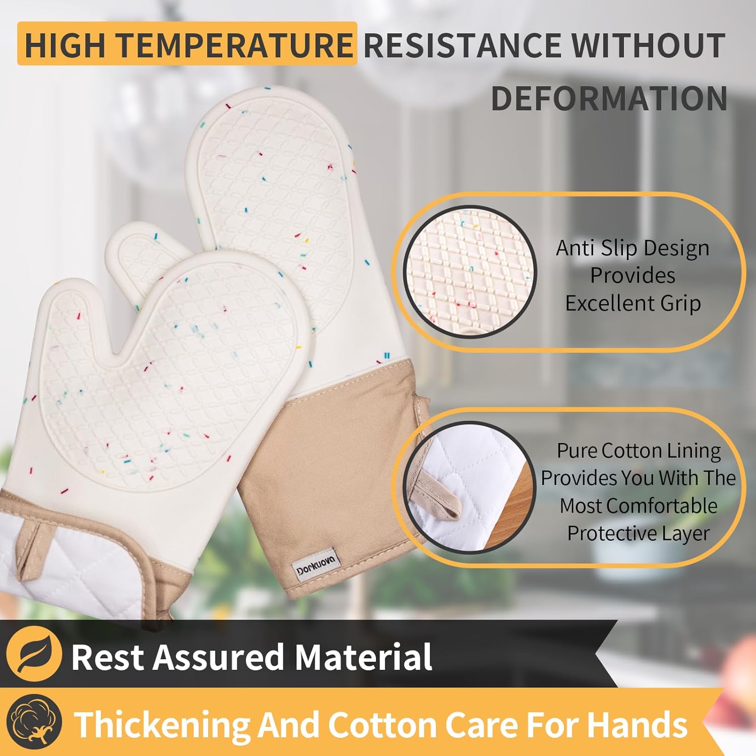 Skiennix Oven Mitts - Cute & Heat Resistant Up to 500°F - Washable Silicone Cooking Gloves (Cream)
