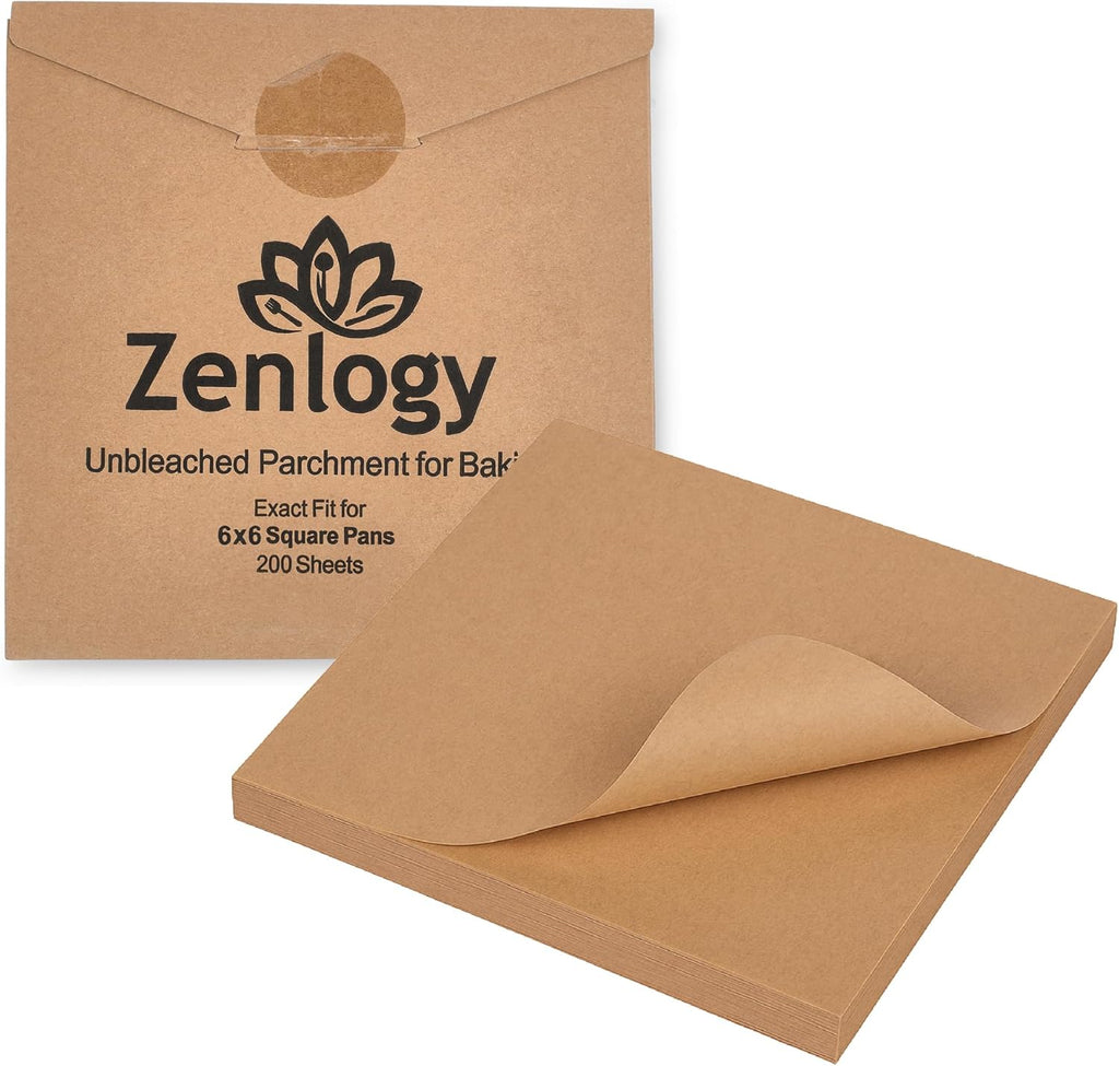 Zenlogy Parchment Paper Squares - Unbleached, Non-Stick, Pre-Cut 6x6 Sheets (200 Count) for Baking & Crafting