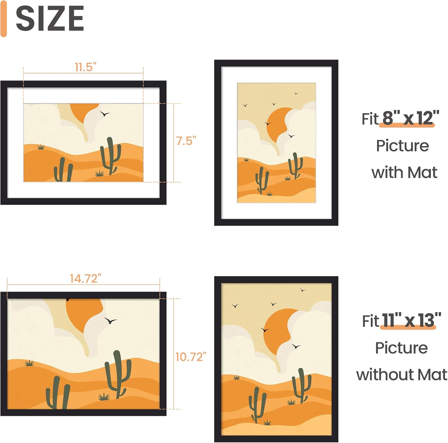 Upsimples 11x15 Picture Frame - Display 8x12 Photos with Mat or 11x15 Without - Black, 1 Pack