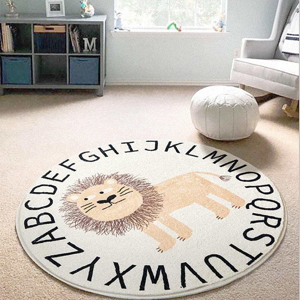 Poowe Cute Lion Kids Play Mat Baby Nursery Rug Round Educational Alphabet Soft Area Rug Non Slip for Children Toddlers Bedroom (Face Lion, Round 47.2")