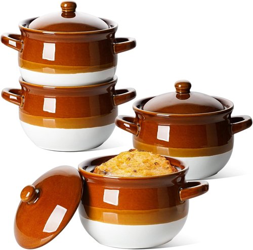 LE TAUCI French Onion Soup Bowls - 22 Oz Oven Safe Ceramic Crocks with Lids & Handles | Set of 4