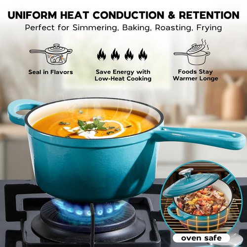 Onader Enameled Cast Iron Sauce Pan, 2QT Saucepan with Lid, Small Cast Iron Pot for Cooking, Enamel Dutch Oven Nonstick & Heavy Duty – Dark Cyan