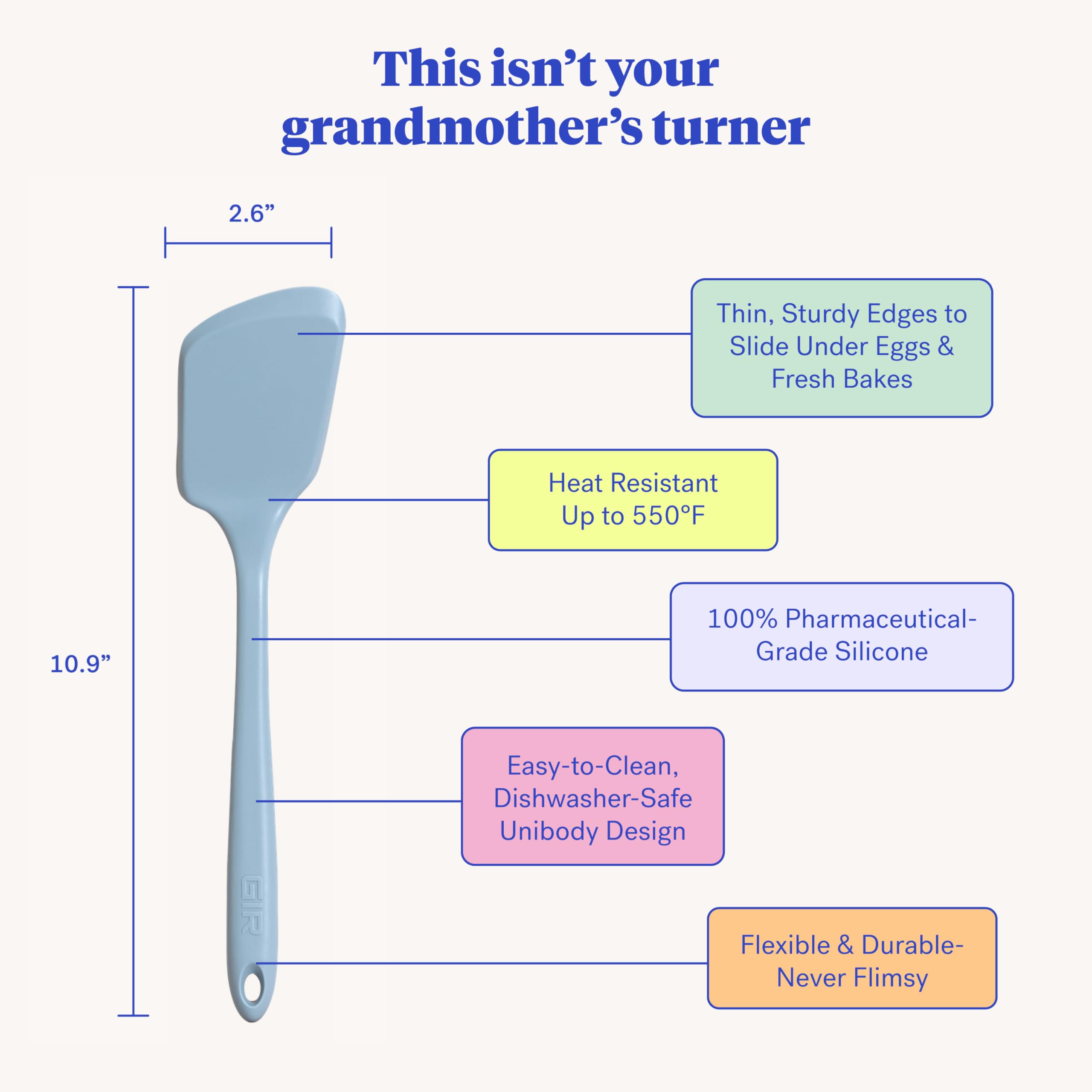 GIR: Get It Right Kitchen Silicone Spatula Turner - Non-Toxic Cooking Utensils for Nonstick Cookware, Cooking and Baking, Mini Flip- 11IN - Slate
