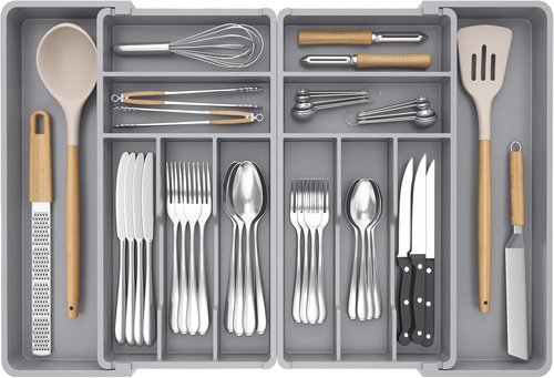 Lifewit Silverware Drawer Organizer, Expandable BPA Free Plastic Utensil Tray for Kitchen, Adjustable Flatware Cutlery Holder for Spoons Forks Knives, 18- 28 x 16.7", Gray