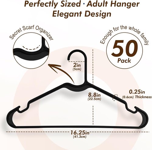 HOUSE DAY Black Plastic Hangers - 50 Pack Lightweight Slim Space-Saving Closet Organizers for Clothes