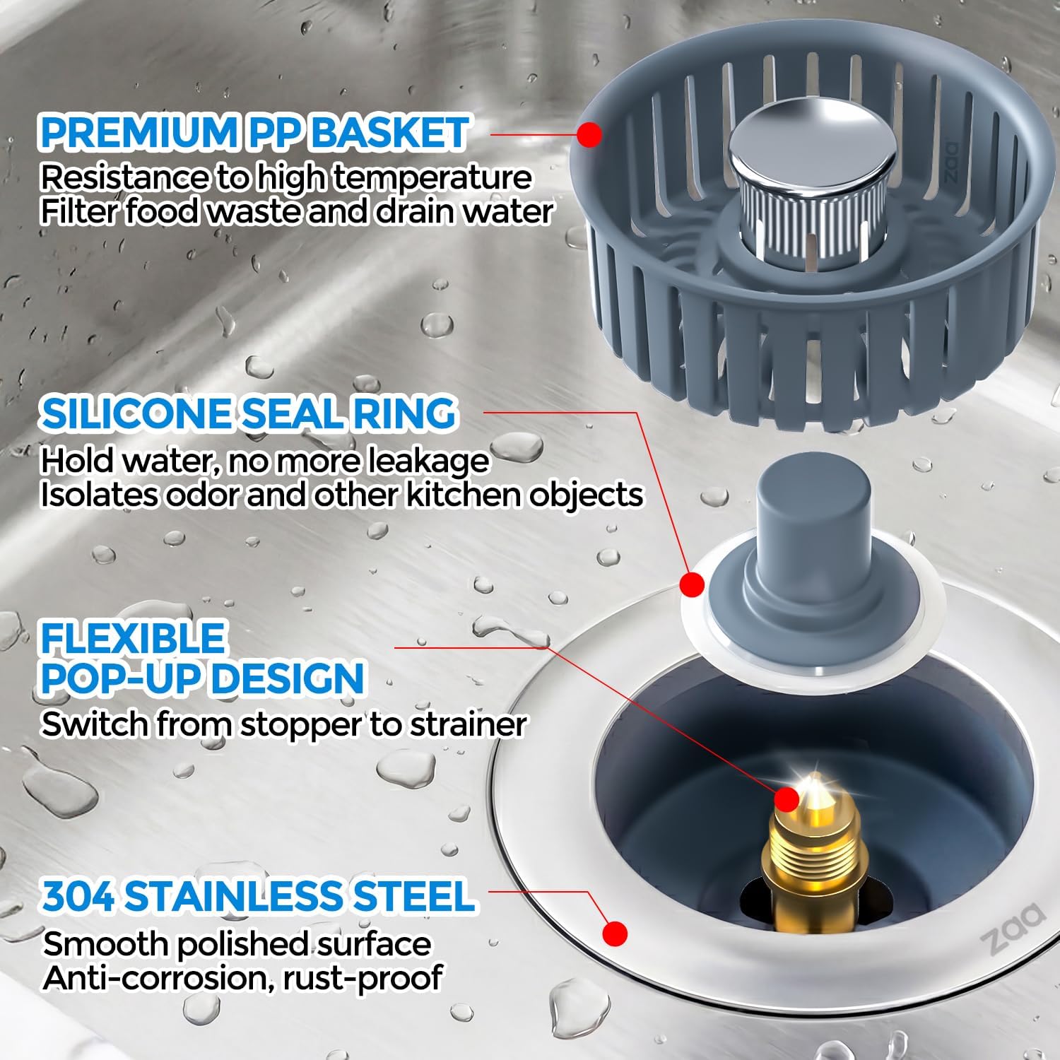 Regine Switzerland Sink Drain Strainer - 3-in-1 Anti-Clogging Kitchen Stopper for 3.5'' Sink Hole | Silver