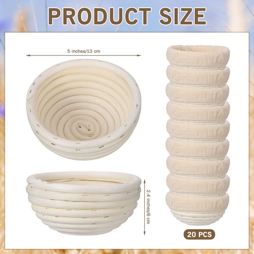 FoldTier 20 Pcs Banneton Bread Proofing Baskets Bulk, 5 Inch Mini Round Dough Sourdough Basket, Rattan Bakery Baking Bowl with Linen Liner, Small Bread Making Supplies for Baking Starter Home Bakers