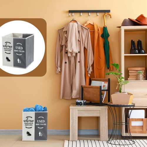 Singhoow Shoe Cover Box Dispenser Foldable Storage Bin Holder with Used Shoe Covers and Welcome Please or Remove Sign for Open House Supplies(Beige, Gray)