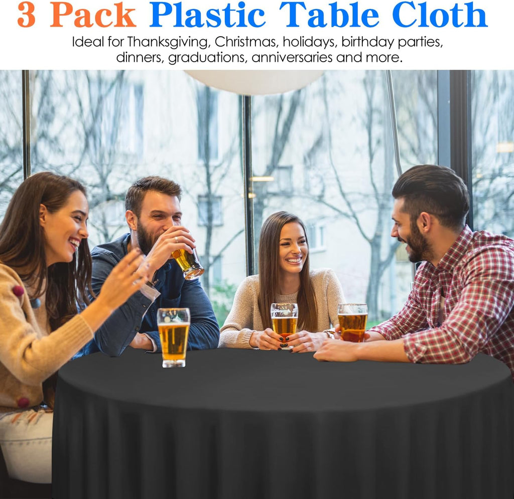 Regine Switzerland Disposable Round Tablecloth - 84 Inch Black Plastic Cover for Parties | 3 Pack