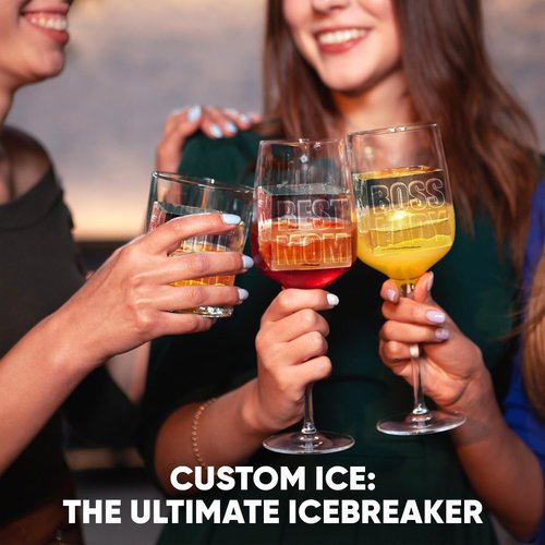Berlinzo Premium Clear Ice Cube Maker with Conversation Ice Prints – 4 Large 2.1" Crystal Clear Ice Squares – Giftable Idea for Party, Game Night & Just for Fun – Includes Storage Bag (Non-Electric)