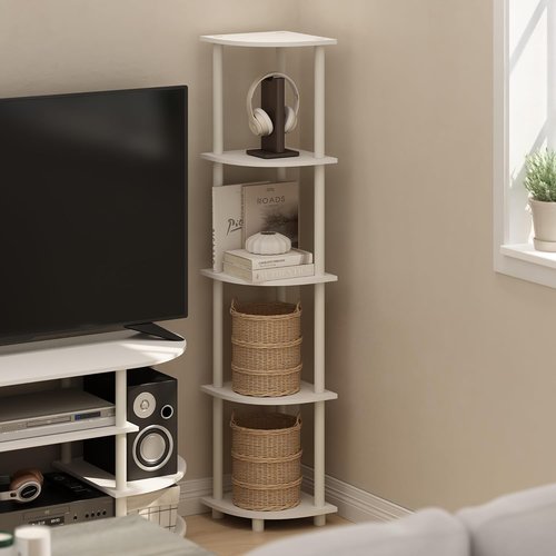 Furinno Turn-N-Tube Corner Shelf - 5-Tier Open Storage Bookshelf for Living Room, Home Office, White