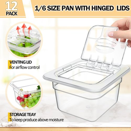 Geetery 12 Packs 4'' Deep Polycarbonate Food Pan with Lid 1/6 Size Stackable Plastic Pan Restaurant Food Storage Containers with Hinged Lids for Hotel Supplies (Clear)