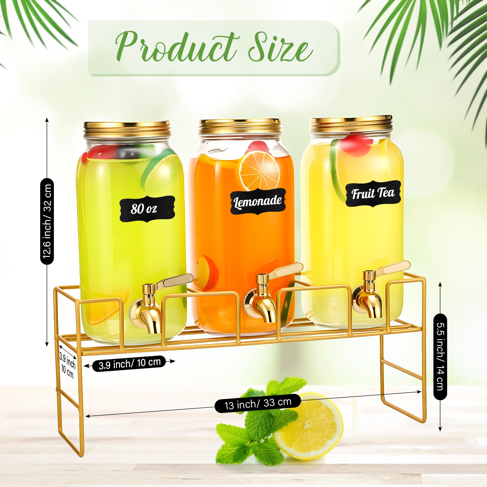 RimCereal 3 Pack 80 oz Glass Beverage Dispenser with Stand Clear Mason Jar Water Dispenser for Party, Fridge Includes Leakproof Stainless Steel Spigot, Black Lid and Label (Gold)