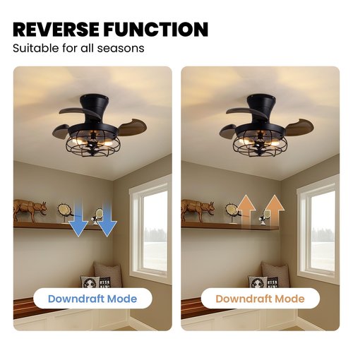 CROSSIO 22" Retractable Ceiling Fans with Lights, Black Caged Fandelier Ceiling Fans with Remote, 6 Wind Speeds,Invisible Blades, Industrial Flush Mount Small Ceiling Fan for Bedroom Living Room