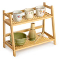 ANBOXIT Rattan-Look Matcha Station Organizer, Countertop Bamboo Tea & Coffee Accessories Station Organizer, 2 Tier Mug Holder Display Stand for Kitchen Condiment, Home, Office