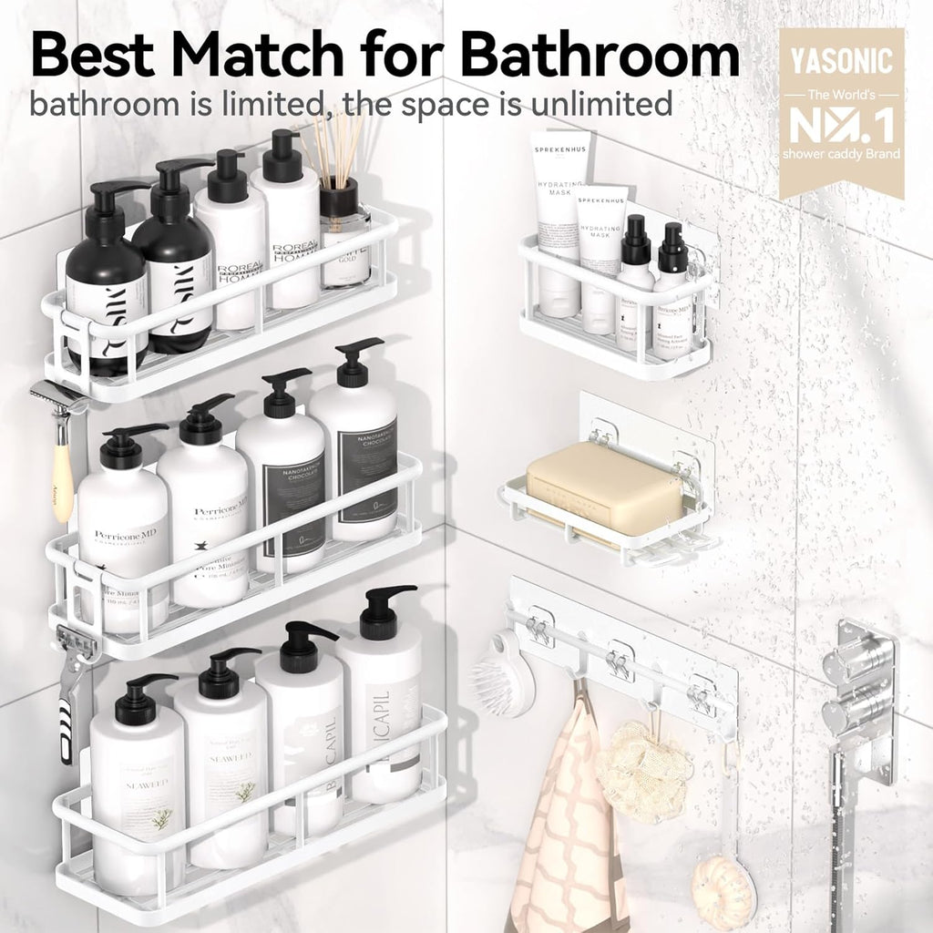 YASONIC Shower Caddy - 6 Pack Large Capacity Organizer with Soap Holder & 12 Hooks | Rustproof White Shelves