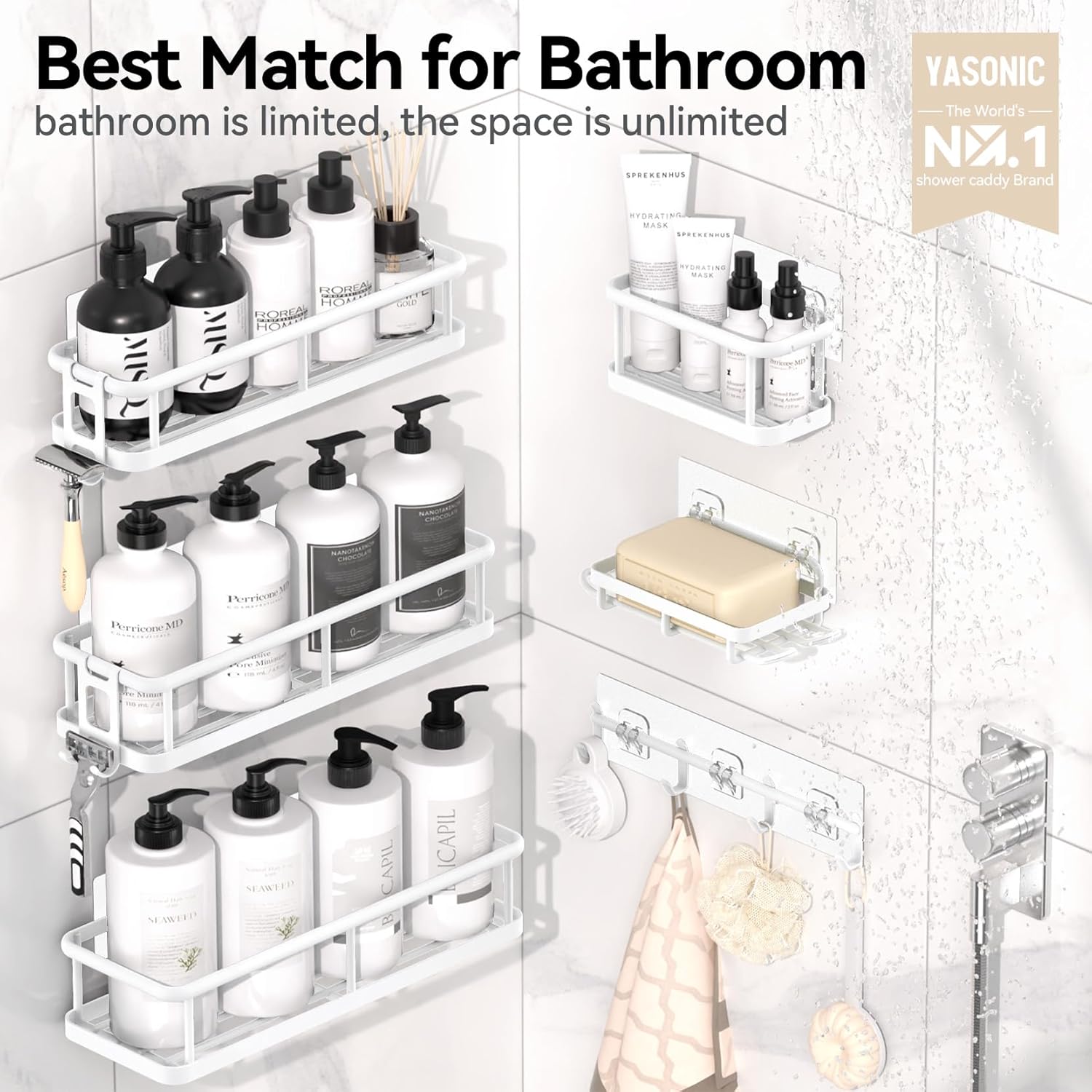 YASONIC Shower Caddy - 6 Pack Large Capacity Organizer with Soap Holder & 12 Hooks | Rustproof White Shelves