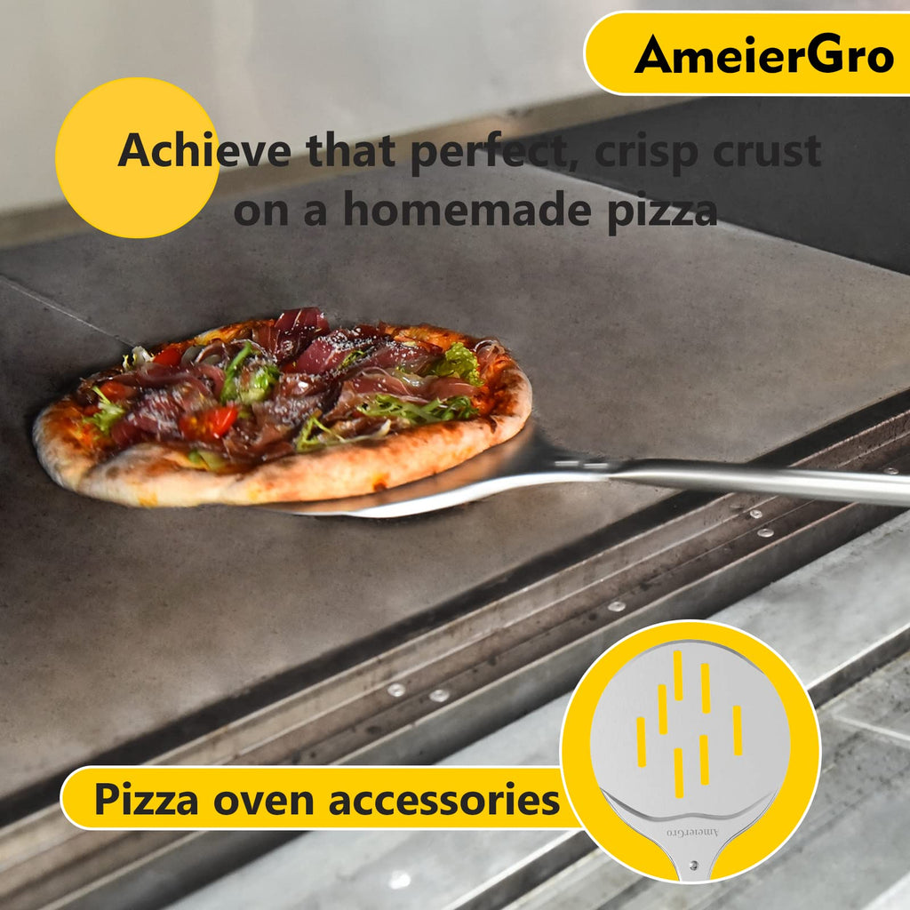 AmeierGro Pizza Turning Peel, 7 Inch Perforated Pizza Peel Turner, Adjustable Long Handle Pizza Spatula, Pizza Paddle Harden Anodizing, Pizza Oven Accessories for Pizza
