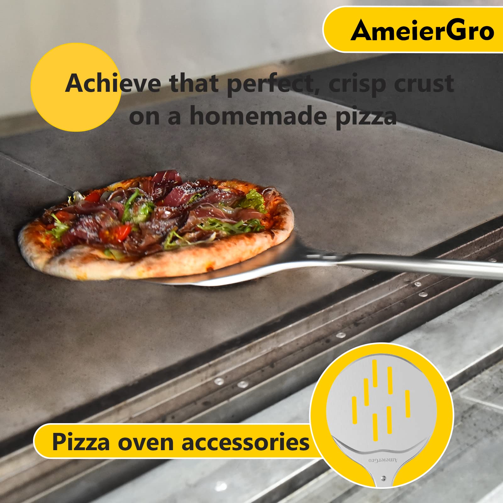 AmeierGro Pizza Turning Peel, 7 Inch Perforated Pizza Peel Turner, Adjustable Long Handle Pizza Spatula, Pizza Paddle Harden Anodizing, Pizza Oven Accessories for Pizza