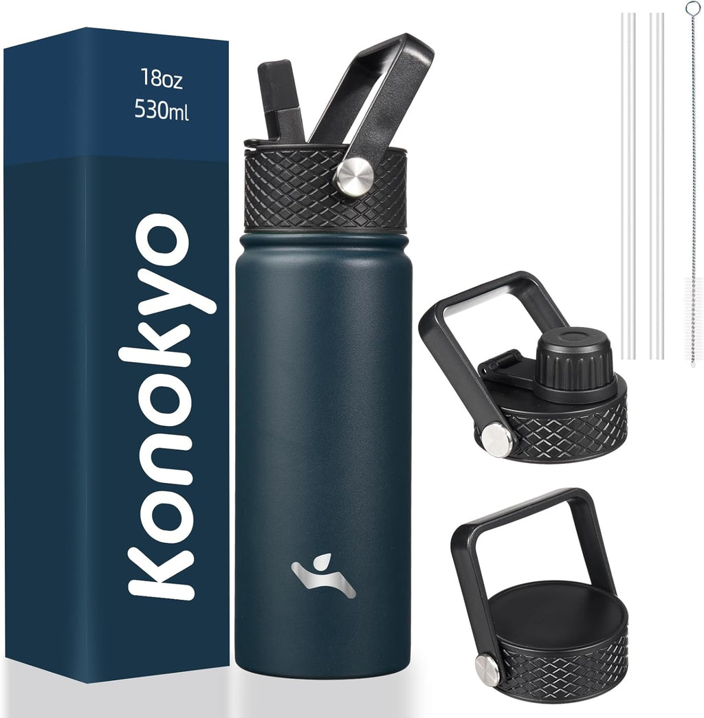 Skiennix 18 Oz Insulated Stainless Steel Water Bottle - Versatile Sport Bottle with 3 Lids | Navy Blue