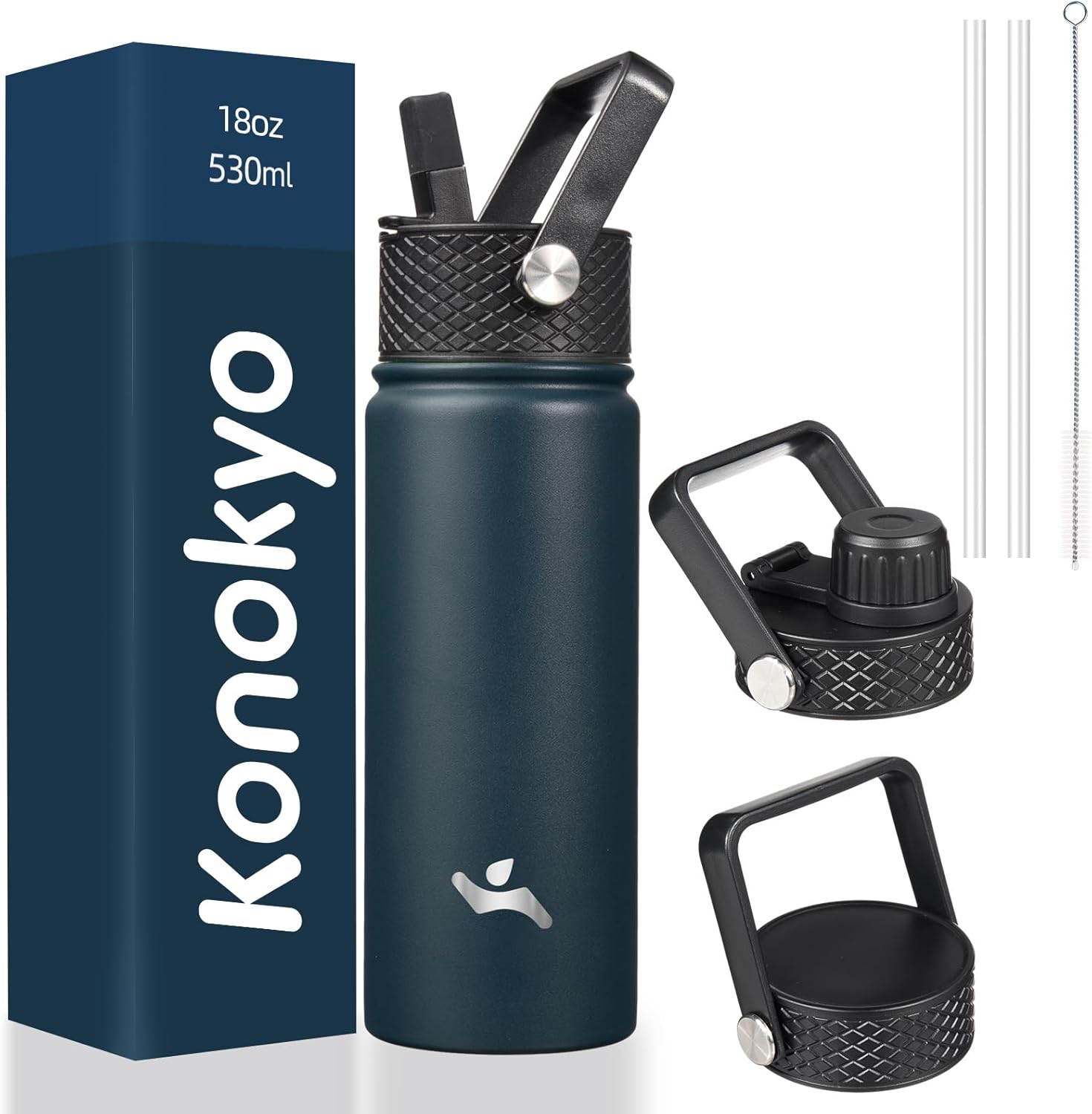 Skiennix 18 Oz Insulated Stainless Steel Water Bottle - Versatile Sport Bottle with 3 Lids | Navy Blue