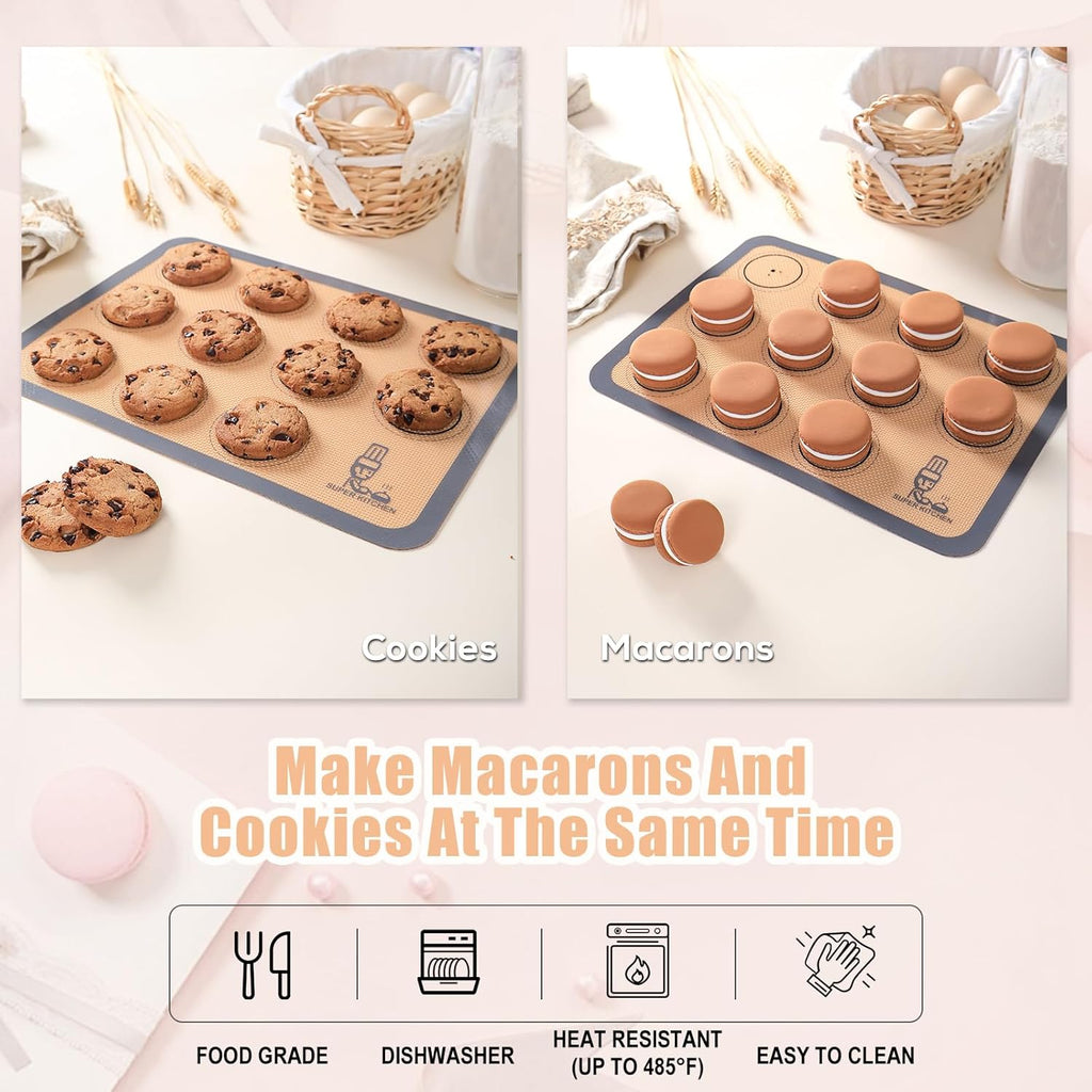 Silicone Baking Mat Macaron - Non-Stick Set of 3 | 2 Half Sheet Liners & 1 Quarter Sheet, Grey (16.5x11.6)
