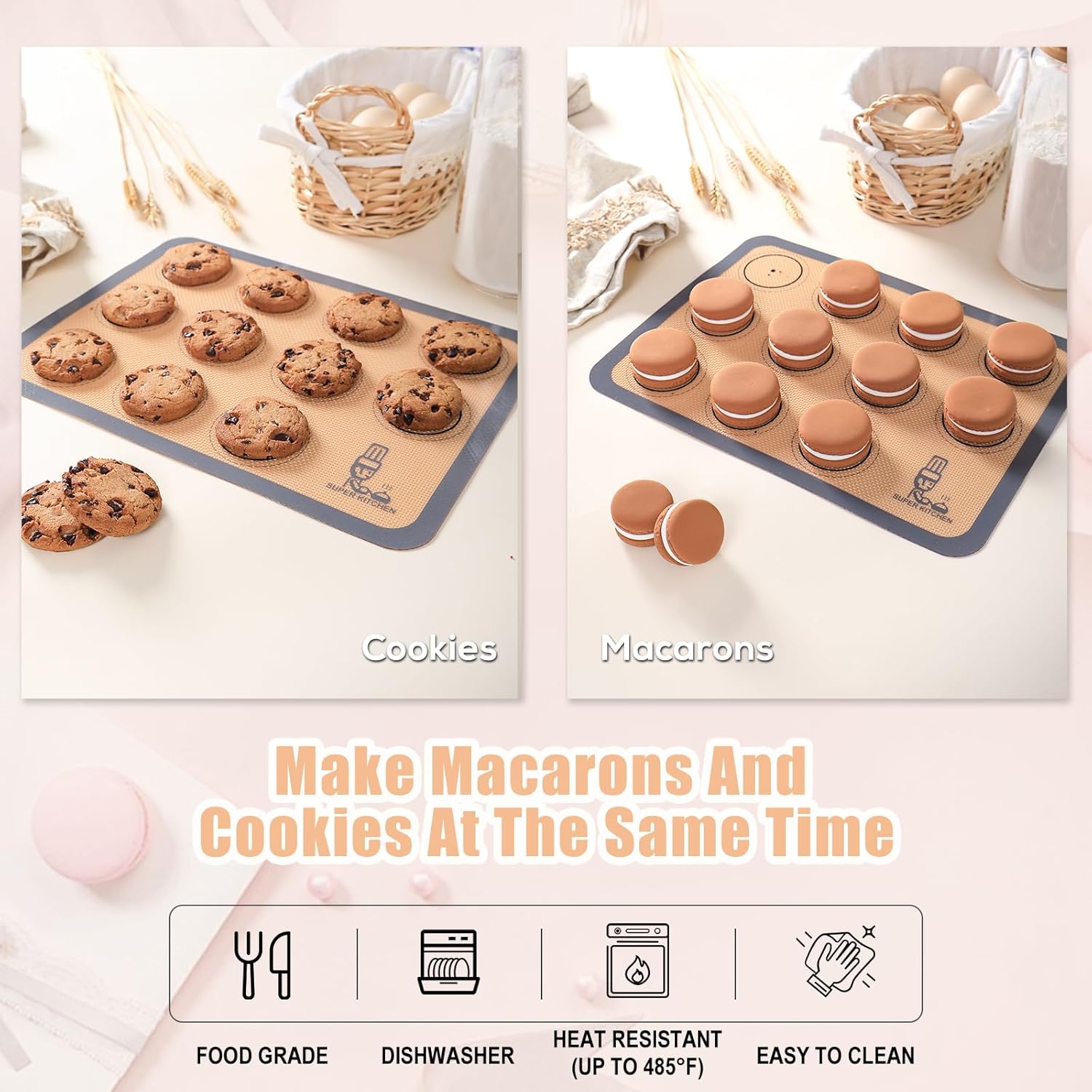 Silicone Baking Mat Macaron - Non-Stick Set of 3 | 2 Half Sheet Liners & 1 Quarter Sheet, Grey (16.5x11.6)